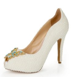 2018 Luxury Pearls Crystal 8 Cm High Heel Women Pumps Butterfly Peep Toe Bridal Wedding Shoes