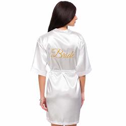 SATIN Ineedthisrobe Embroidered Kimono Robe For Bride Bridesmaid Maid Of Honor White - Bride In Gold 1XL-3XL