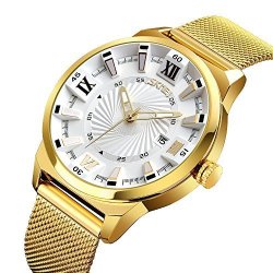 EOBP Mens Watches Fashion Sports Quartz Watch Stainless Steel Gold Colour Strap Top Brand Luxury Simple Style Business Watch 30M Waterproof White