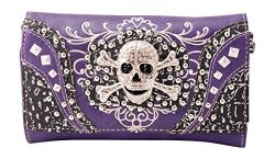 Hw Collection Western Studded Rhinestone Skull Crossbody Wristlet Clutch Wallet Purple