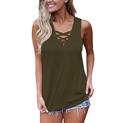 Women's Summer Solid Sleeveless Lace V Neck Cross Bandage Vest Tank Tops M Army Green