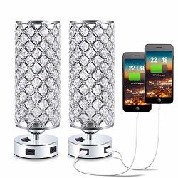 USB Crystal Bedside Lamp Kakanuo Nightstand Lamp With Dual USB Charging Port Modern Table Desk Lamp For Bedroom Study Room Office Set Of 2