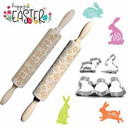 Easter Rolling Pin Embossed Embossing Rolling Pin With Spring Easter Cookie Cutter Set Wooden Carved Rolling Pin Engraved Easter Symbol Patterns Kitchen Tools For