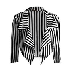 Janisramone Ladies Casual Black White Striped Cropped Waterfall Blazer Jacket Coat Thin White Stripe Sm