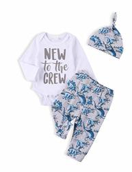 Itkidboy Newborn Baby Boy Girl Summer Clothes New To The Crew Letter Print Romper+long Pants+hat 3PCS Breathable Outfits Set 03-WHITE 0-3 Months