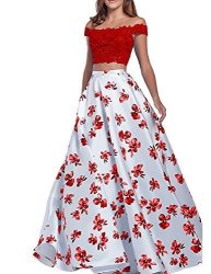 LL Bridal Women's Off Shoulder Floral Prom Dresses 2018 Long 2 Pieces Evening Formal Gown Red-b Size 12