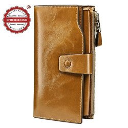 Itslife Women's Rfid Blocking Large Capacity Luxury Wax Genuine Leather Clutch Wallet Card Holder Ladies Purse Khaki Rfid Blocking