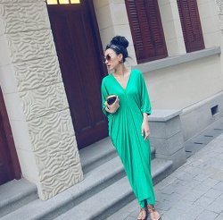 Women's Lovely Green V-neck Solid Ankle-length Maxi Dress - One Size Green