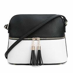 Sg Sugu Lightweight Medium Dome Crossbody Bag With Tassel Zipper Pocket Adjustable Strap Black white