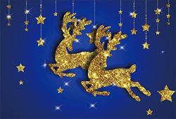 Laeacco Merry Christmas Backdrop Vinyl 10X7FT Golden Glitter Deers Hanging Stars Royal Blue Photography Background New Year's Eve Xmas Birthday Party Banner Child Baby