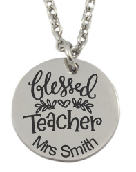 Personalized Blessed Teacher Round Pendant And Chain Available In Other Finishes - Rose Gold Plated