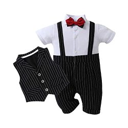 Hosukko Baby Boy Suit One-piece Romper & Vest & Bow Tie Infant Boys Tuxedo Outfits Sets For Dress Up Short Sleeve 0-24 Months Black 3-6M
