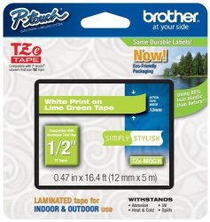 Brother P-touch 1 2" 0.47" White On Lime Green Standard Laminated Tape - 16.4 Ft. 5M