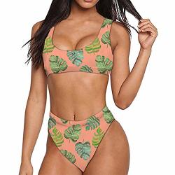 Bigcarjob Palm Leaf Printed Swimsuit Summer Beach Swimming Wear Tankini High Cut Bottoms Tropical Style Size L