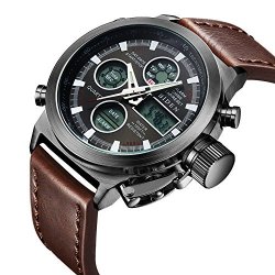 Watch Watch Men Digital Analog Sport Waterproof Watch Multifunction LED Date Alarm Brown Leather Wrist Watch