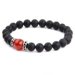 Matt Onyx And Coral Bamboo Stainless Steel Beaded Bracelet With Black Crystal Detail - Small 17CM