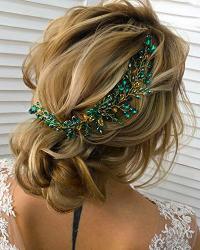KercisBeauty Bride Hair Accessories Green Crystal Hair Vine Gold Headband Evening Party Prom Women Hair Piece Vintage Wedding