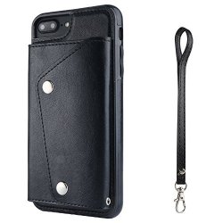 Apple Phone 7 Plus Pu Leather Phone Case Wallet Smart Cover With Card Holder Hand Straps Black