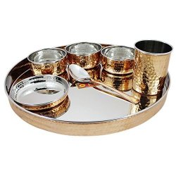 RoyaltyLane Indian Dinnerware Stainless Steel Copper Traditional Dinner Set Of Thali Plate Bowls Glass And Spoon Diameter 13 Inch