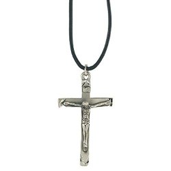 MV001 Mens Large Pewter Cross Crucifix Necklace 24 Black Cord