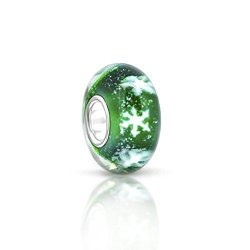 Let It Snow Christmas White Snowflake Green Murano Glass Bead 925 Sterling Silver Core Bead Fits European Charm Bracelet
