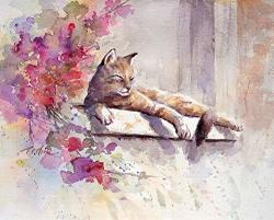 Cat Sunny Day Art Print Of Watercolor Painting - Gift For Cat Lovers