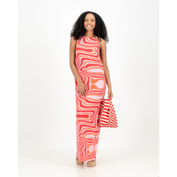 Plisse Open Back Dress - Pink Red & Orange Swirl - XS