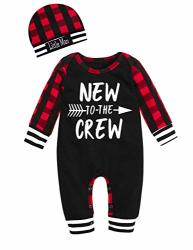 Newborn Baby Boy Clothes New To The Crew Letter Print Romper Plaid Clothing+little Man Hat 2PCS Outfits Set 0-3 Months