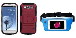 Combo Pack Asmyna Red black Advanced Armor Stand Protector Cover For Samsung Galaxy S III I747 L710 T999 And Sky Blue Sports Activity Waist Pack Pocket Belt