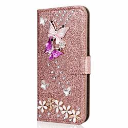 Miagon Diamond Case For Samsung Galaxy J4 Plus 2018 Luxury Glitter Rhinestone Butterfly Flower Pu Leather Folio Flip Wallet Cover Magnetic Closure Card Slots Rose Gold