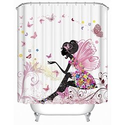 Gwell Trendy Pink Flower Fairy Girl With Butterfly Shower Curtain Polyester Fabric Waterproof mildew Resistant Bathroom Curtain With 12 Hooks 70.86X78.74-INCH 17