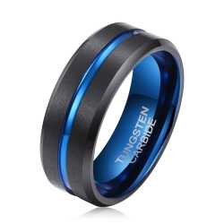 Men's Blue Groove Matte Black Tungsten Ring OY-R-091 - 13