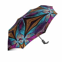 Interestprint Vintage Elegant Fractal Flower Windproof Compact One Hand Auto Open And Close Folding Umbrella Rain & Outdoor Unbreakable Travel Umbrella