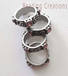 Large Hole - Pewter - Rings - Scroll Detail - Antique Silver - Pink Rhinestones - 15mm