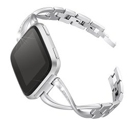 Bayite Stainless Steel Bands Compatible Fitbit Versa For Women Bling Replacement Band Bracelet With Rhinestones Diamond X-link Accessories Watch Band 5.3 - 7.6 Silver