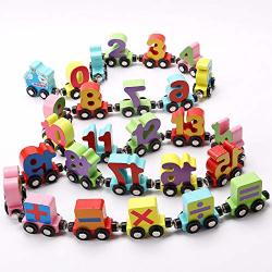 Quoxo Wooden Trackless Trains Set Alphabets Numbers Magnetic Train Cars For Children Early Educational Number Train