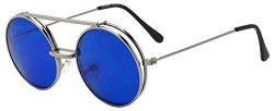 Metal Round Retro Boho Transparent Colored Mirrored Steampunk Flip Up Glasses Sunglasses Silver Blue 52