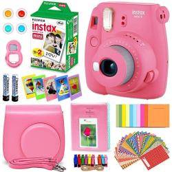 Fujifilm Instax MINI 9 Instant Camera Flamingo Pink + Fuji Instax Film 20 Sheets + Custom Camera Case + Instax Album + 60 Colorful Stickers + 20 Emoji Stickers + Fun Frames + Colored Filters + More
