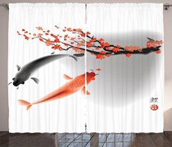 Ambesonne Japanese Curtains Koi Carp Fish Couple Swimming With Cherry Blossom Sakura Branch Culture Design Living Room Bedroom Window Drapes 2 Panel Set 108" X 63" Orange Grey