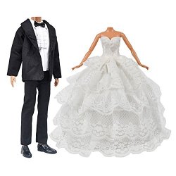 Doll Toy Wedding Clothes Pack 1 Pcs Girl Doll Bride Wedding Dress With Veil For Barbie Doll + 1 Set Groom Suit For Ken