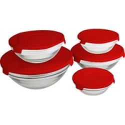 5 Piece Rounded Glass Container Bowl Set Red