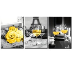 Canvas-art- Pieces Black & Yellow Wine Glass & Flowers Kitchen Wall Art