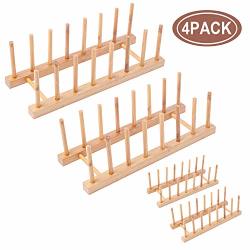 4PACK Bamboo Wooden Dish Rack Plate Rack Stand Pot Lid Holder Kitchen Cabinet Organizer For Cup Cutting Board Bowl Drying Rack And More