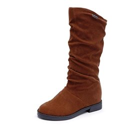 Mid-calf Low Heel Boots For Female Anxinke Women's Winter Warm Faux Suede Slip-on Wide Calf Boots US:8 Brown