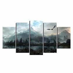 Canvas Wall Art 5 Pieces Game Of Thrones Dragon Skyrim Paintings On Canvas For Home Decor Framed