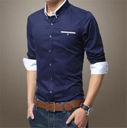 Men's Patchwork Slim Fit 100% Cotton Shirts - Diamond Blue - Medium