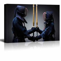 Arts Language Canvas Prints Wall Art - Wall Poster Canvas Art - Two Kendo Fighters With Shinai Opposite Each Other Modern Wall Decor Stretched