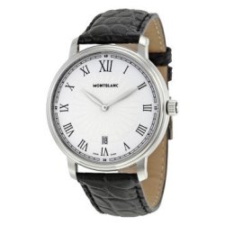 Montblanc Tradition Date White Guilloche Dial Black Leather Men's Watch