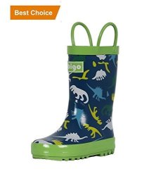 Hibigo Children's Natural Rubber Rain Boots With Handles Easy For Little Kids & Toddler Boys Girls Green Dinosaur