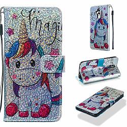 Cfrau Sequins Wallet Case For Huawei Mate 20 Lite Fashion 3D Bling Glitters Fantasy Horse Print Magnetic Pu Leather Flip Folio Stand Soft Tpu